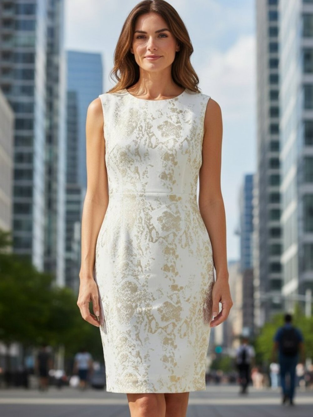 Philosophy White and Gold Snakeskin Print Sleeveless Sheath Dress Small